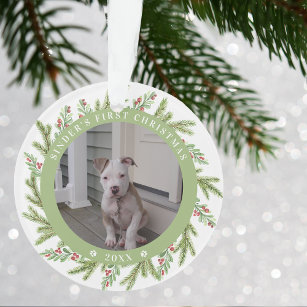 Ornamento Pet Puppy Dog Primeiro Natal 2 Fotos Verde