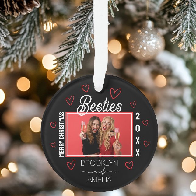 Ornamento  Photo Black and Red Hearts Besties Christmas (Photo Black and Red Hearts Besties Christmas Ornament)