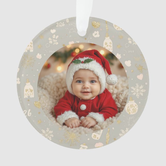 Ornamento Photo Ornament – Gold Hearts, Bottles & Paw Prints (Frente)