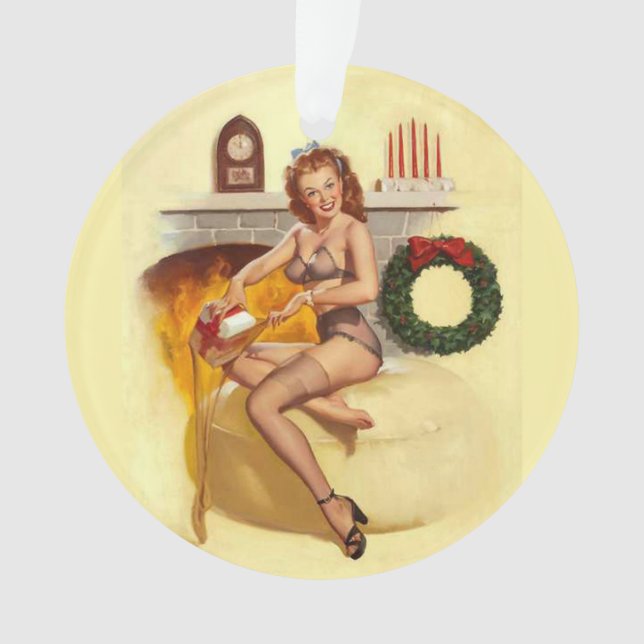 Ornamento Pin Up Girl Christmas perto da Lareira (Frente)