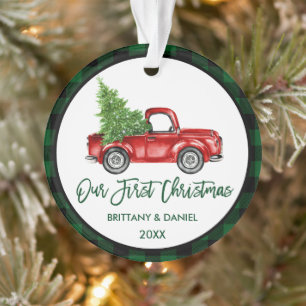 Ornamento Pincel Script Truck Primeira Xadrez Verde de Natal