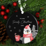 Ornamento Pinguim bonito no Natal com o nome da família e o<br><div class="desc">Adicione um toque fofo à sua comemoração de feriado familiar com este adorável ornamento do pinguim da família. O Enfeites de natal tem um pinguim adorável vestindo um chapéu e cachecol de Papai Noel e segurando uma xícara de cacau quente com marshmallow e uma cana doce. Ao fundo há uma...</div>