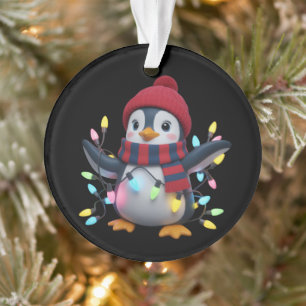 Ornamento Pinguim de Luzes de Natal Vestindo Chapéu de Natal