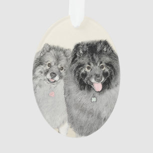 Ornamento Pintura de Keeshond, Mãe e Filho - Arte Original d