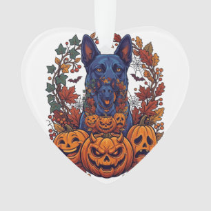 Ornamento Pitbull Azul Abóboras de Halloween Folhas de Outon