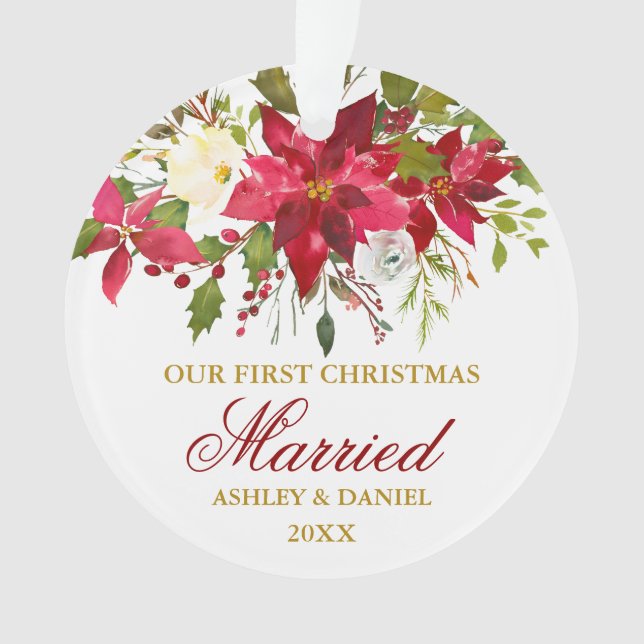 Ornamento Poinsettia Floral Dourado Primeiro Natal| Foto (Frente)