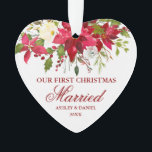 Ornamento Poinsettia Floral Primeiro Coração Casado de Natal<br><div class="desc">Elegante Watercolor Red Poinsettia Floral Nosso Primeiro Ornamento Casado De Natal</div>