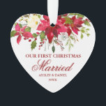 Ornamento Poinsettia Floral Primeiro Coração Casado de Natal<br><div class="desc">Elegante Watercolor Red Poinsettia Floral Nosso Primeiro Ornamento Casado De Natal</div>