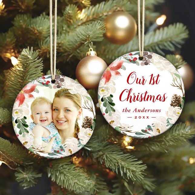 Ornamento Poinsettia Floral Wreath Primeira Foto De Natal (Sample)