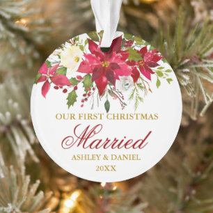 Ornamento Poinsettia Red Floral Dourado Primeiro Natal Casad