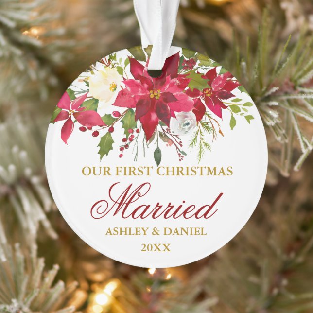 Ornamento Poinsettia Red Floral Dourado Primeiro Natal Casad (Árvore)