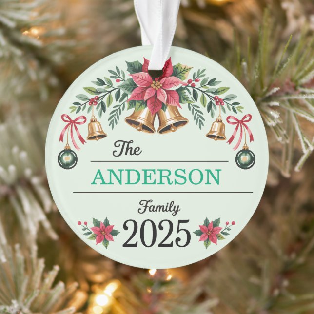 Ornamento Poinsettia Wreath Bells Family Name 2025 Christmas (Árvore)