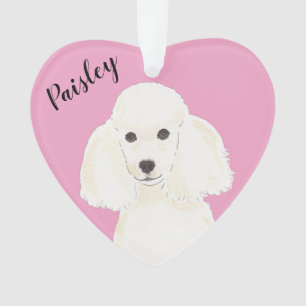 Ornamento Poodle Branco de Coração Rosa Personalizado