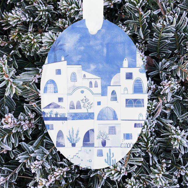 Ornamento por Aquarela da Grécia Santorini (Santorini blue and white watercolor art Christmas ornament)