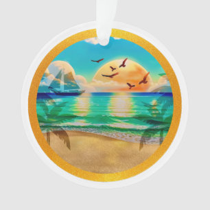 Ornamento Praia Tropical Moderna Palmeiras Pôr do Sol Férias