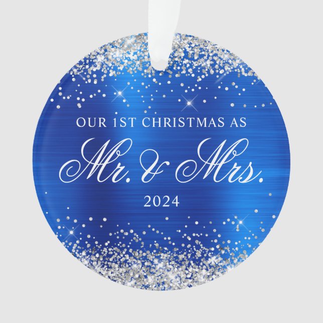 Ornamento Prata Brilho Azul Real Folha Nosso 1º Natal (Frente)