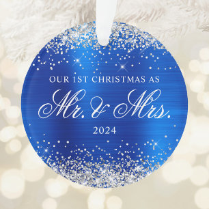 Ornamento Prata Brilho Azul Real Folha Nosso 1º Natal