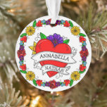 Ornamento Presente Romântico de Casal | Tatuagem Estilo Arte<br><div class="desc">trabalho de arte de estilo grafite ou tatuagem com coração de desenho animado e flores com nomes de casais personalizados,  e as palavras "sempre e para sempre" no verso.</div>