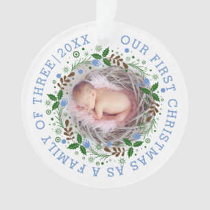 Ornamento Primeira família natalícia de três fotos azuis