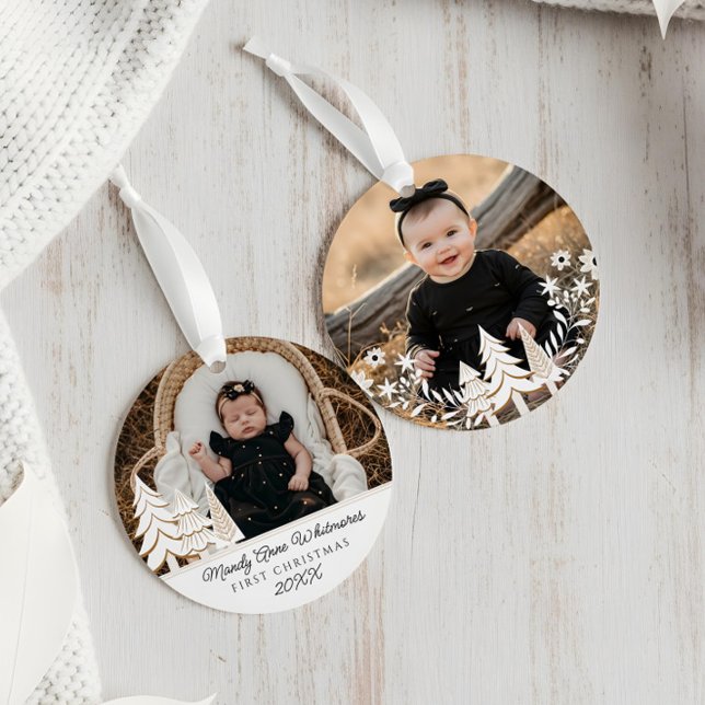 Ornamento Primeira Foto de Natal da Árvore de Natal Evergree (Evergreen Christmas Tree First Christmas Photo Ornament)
