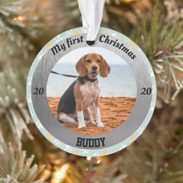 Ornamento Primeira foto de Natal de Puppy personalizada (Árvore)
