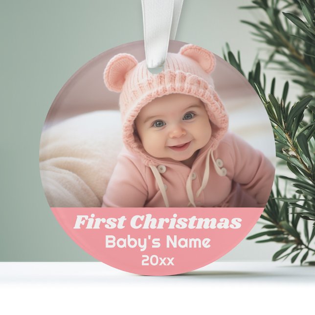 Ornamento Primeira foto de Natal do bebê - Blue Girl Pink (Personalized Photo Ornament)