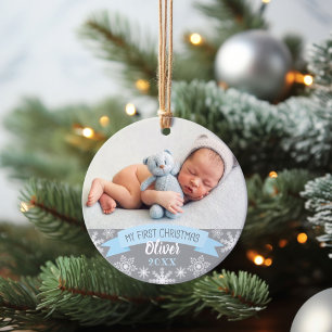Ornamento Primeira Luz de Natal Bebê Menino Foto Azul