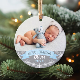 Ornamento Primeira Luz de Natal Bebê Menino Foto Azul