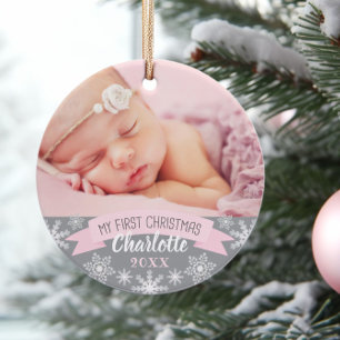 Ornamento Primeira Menina Bebê Rosa Luz de Natal Foto