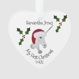 Ornamento Primeira Menina de Natal Uniçorn Heart Personaliza