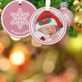 Ornamento Primeira Neve de Natal do Bebê em Rosa