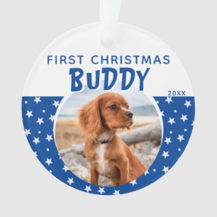 Ornamento Primeiro Natal Blue Star Puppy Dog Foto
