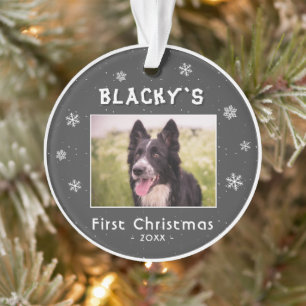 Ornamento Primeiro Natal Cachorro Cinza Flocos de Neve Foto