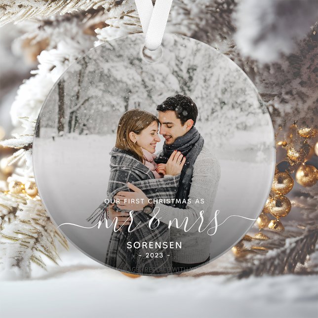 Ornamento Primeiro Natal Casados Foto Script Branco (Criador carregado)