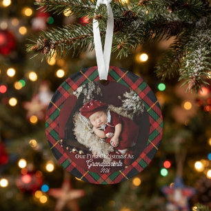 Ornamento Primeiro Natal como Avós Foto Xadrez Vermelho