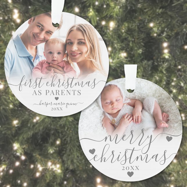 Ornamento Primeiro Natal Como Pais Novo Bebê 2 Foto (First Christmas As Parents Newborn Baby 2 Photo Ornament)