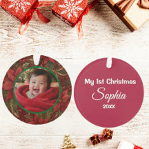 Primeiro Natal da Bebê Floral Carmesim Foto Nome A