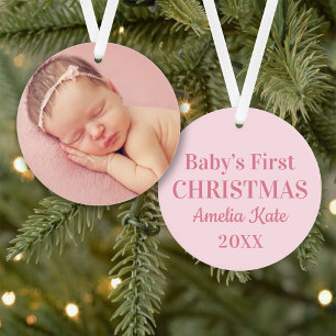 Ornamento Primeiro Natal da Bebê Menina Rosa Elegante Foto