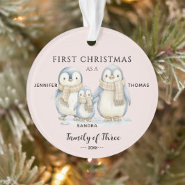 Ornamento Primeiro Natal da Menina Pinguim Família de Três 
