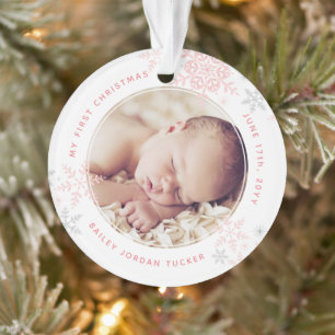 Ornamento Primeiro Natal da Menina Rosa Flocos de Neve Foto