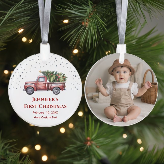 Ornamento Primeiro Natal do Bebê com a Foto das Estatísticas (Criador carregado)