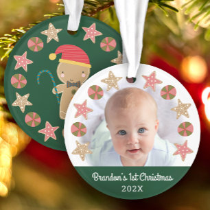 Ornamento Primeiro Natal do Bebê Foto de Menino de Biscoito