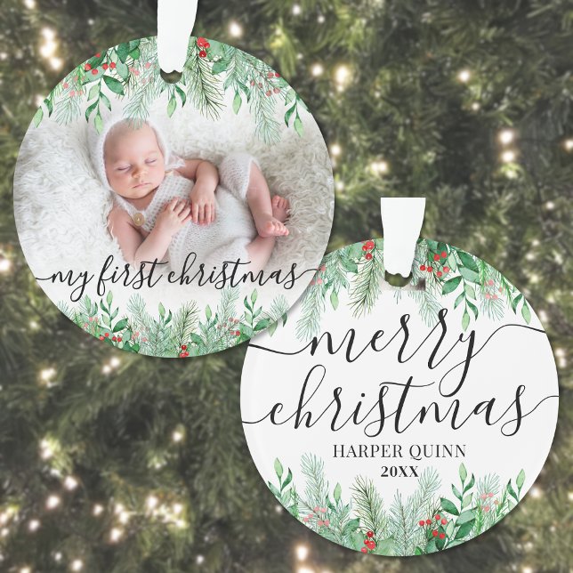 Ornamento Primeiro Natal do Bebê Foto Elegante (Elegant Greenery Baby Photo First Christmas Ornament )