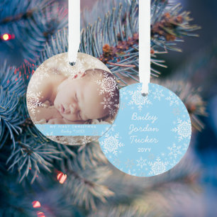 Ornamento Primeiro Natal do Bebê Menino de Inverno Flocos de
