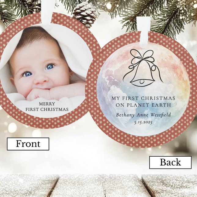 Ornamento Primeiro Natal do Bebê Recordação em Terracota com (Baby's First Christmas on Planet Earth Terracotta Photo Keepsake Ornament)
