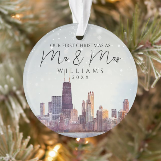Ornamento Primeiro Natal em Chicago como Casal de Noivos (Árvore)