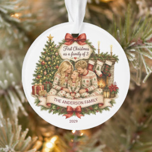 Ornamento Primeiro Natal Família de 3 Aquarela Natal