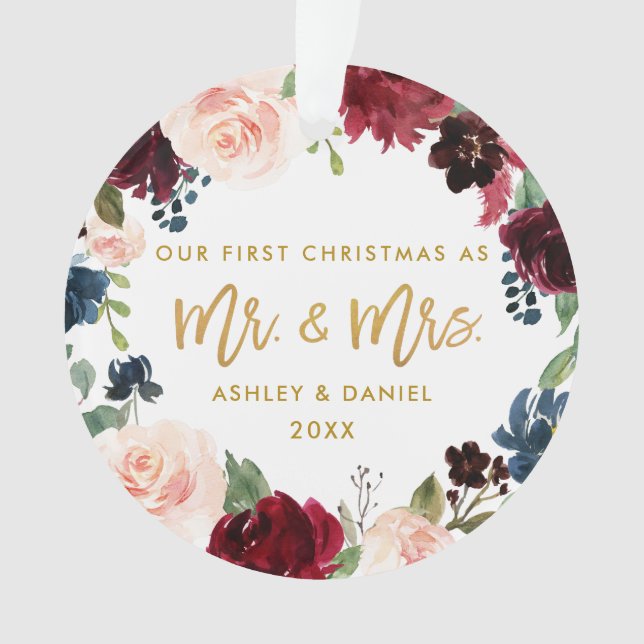 Ornamento Primeiro Natal Floral Dourado | Remoção de Fotogra (Frente)