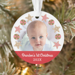 Ornamento Primeiro Natal Foto Gingerbird Boy Red