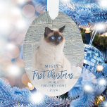 Ornamento Primeiro Natal para o Pet Home Photo Blue Oval<br><div class="desc">Comemore o primeiro Natal do seu animal de estimação em sua nova casa com este belo ornamento moderno do keepsasasasaame. As palavras "Primeiro Natal" aparecem num elegante roteiro azul. Substitua a imagem de exemplo por uma foto do seu gato ou cão e adicione seu nome e o ano em fonte...</div>